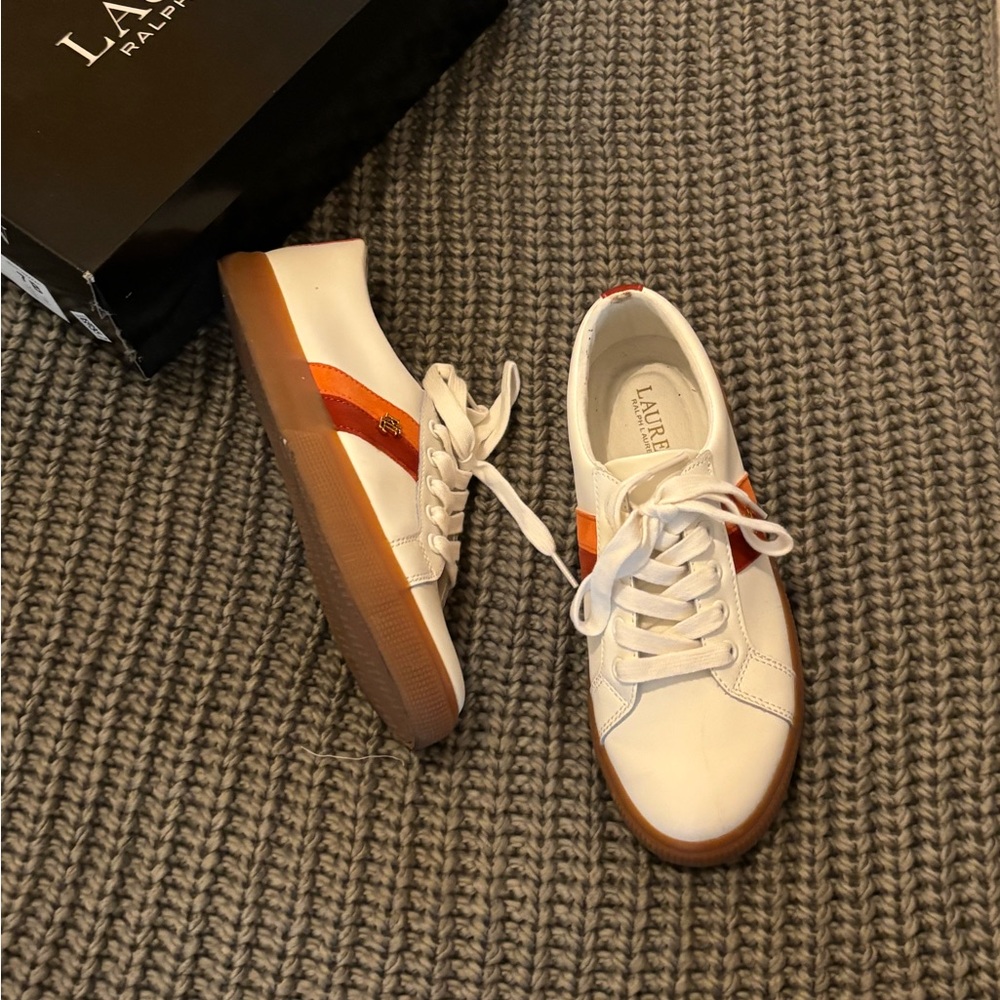 Lauren Ralph Lauren White Sneaker with Gum Rubber Sole and Orange Accent